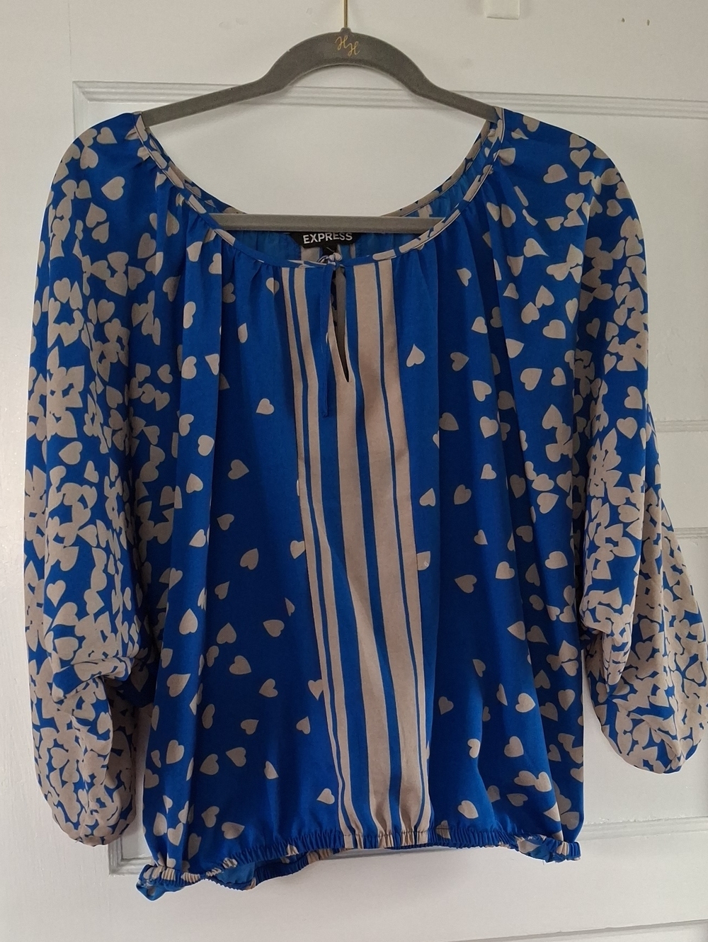 Express Royal Blue and Cream Heart-Print Peasant Blouse